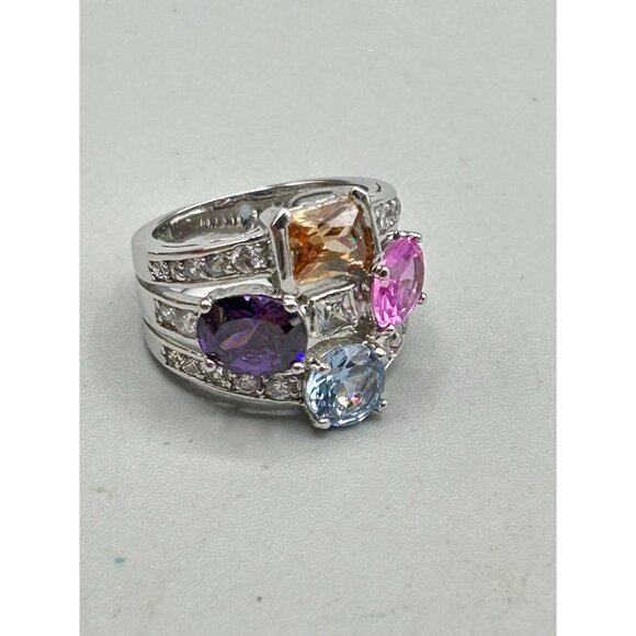 Colorful Cocktail Ring Size 7.5 Silver Tone & Glass Stones Pink Purple Tones - Picture 8 of 10